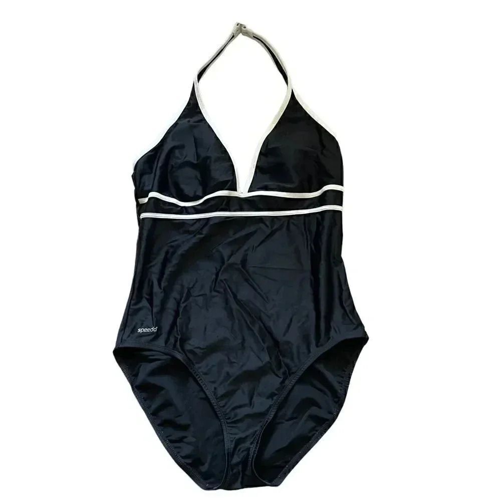 Speedo Black White Halter Plunging V Neckline Womens Stripes Swimming Suit Sz 18